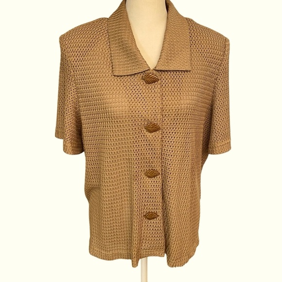 Lady Dorby Vintage Gold Knit Top Button Front Size L/XL Leaf Buttons Retro 80s - Picture 1 of 16